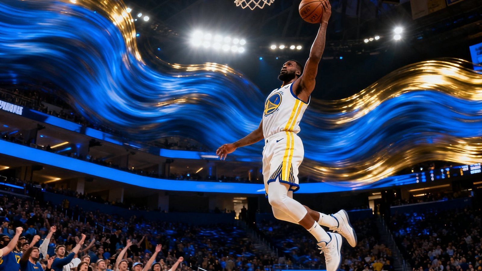 NBA季后赛中球员飞身扣篮的精彩瞬间，球馆内蓝色和金色的灯光交织，观众席上人浪起伏